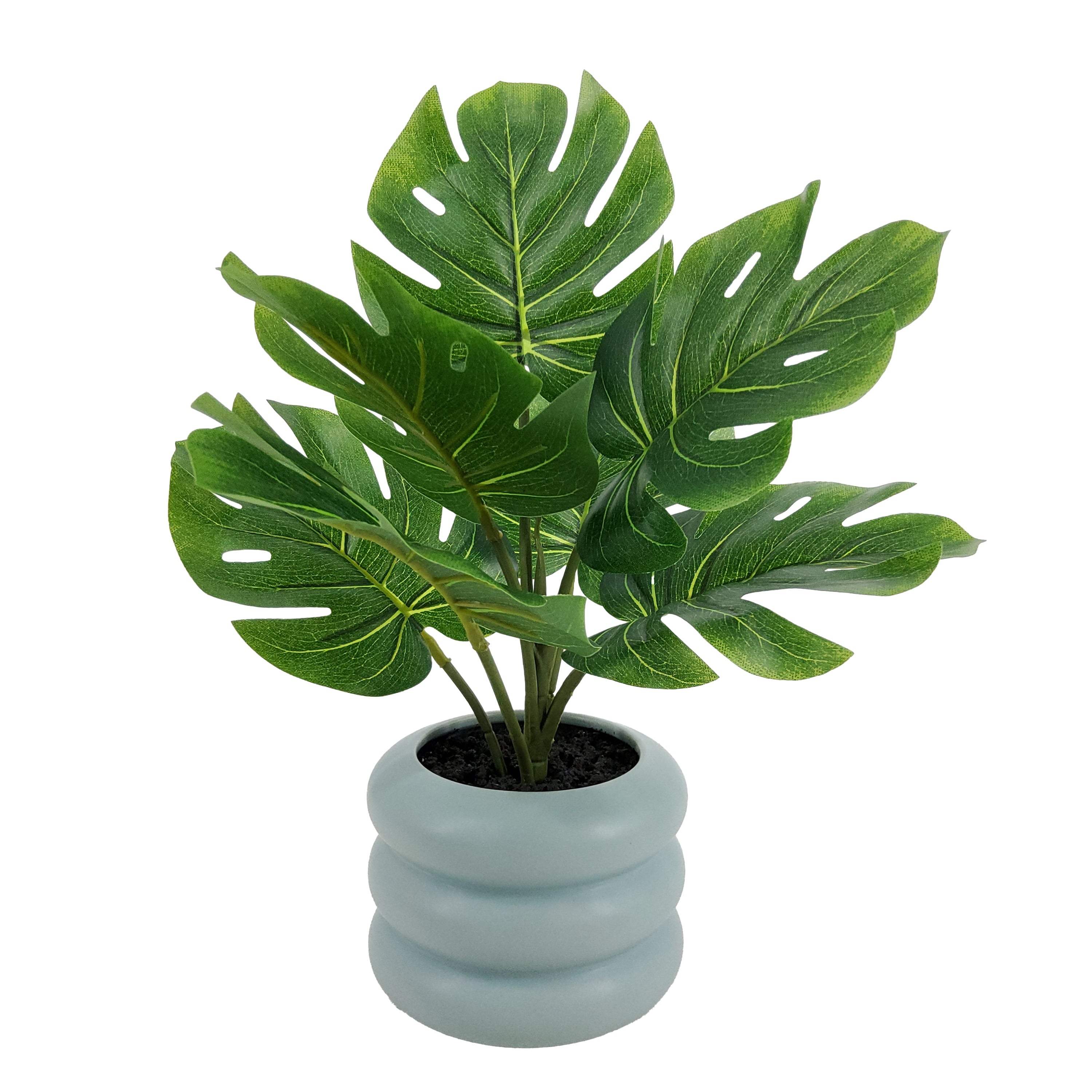 Mainstays 13.5'' Indoor Artificial Monstera with Bubble Vase, Blue Ceramic Vase, Green Monstera
