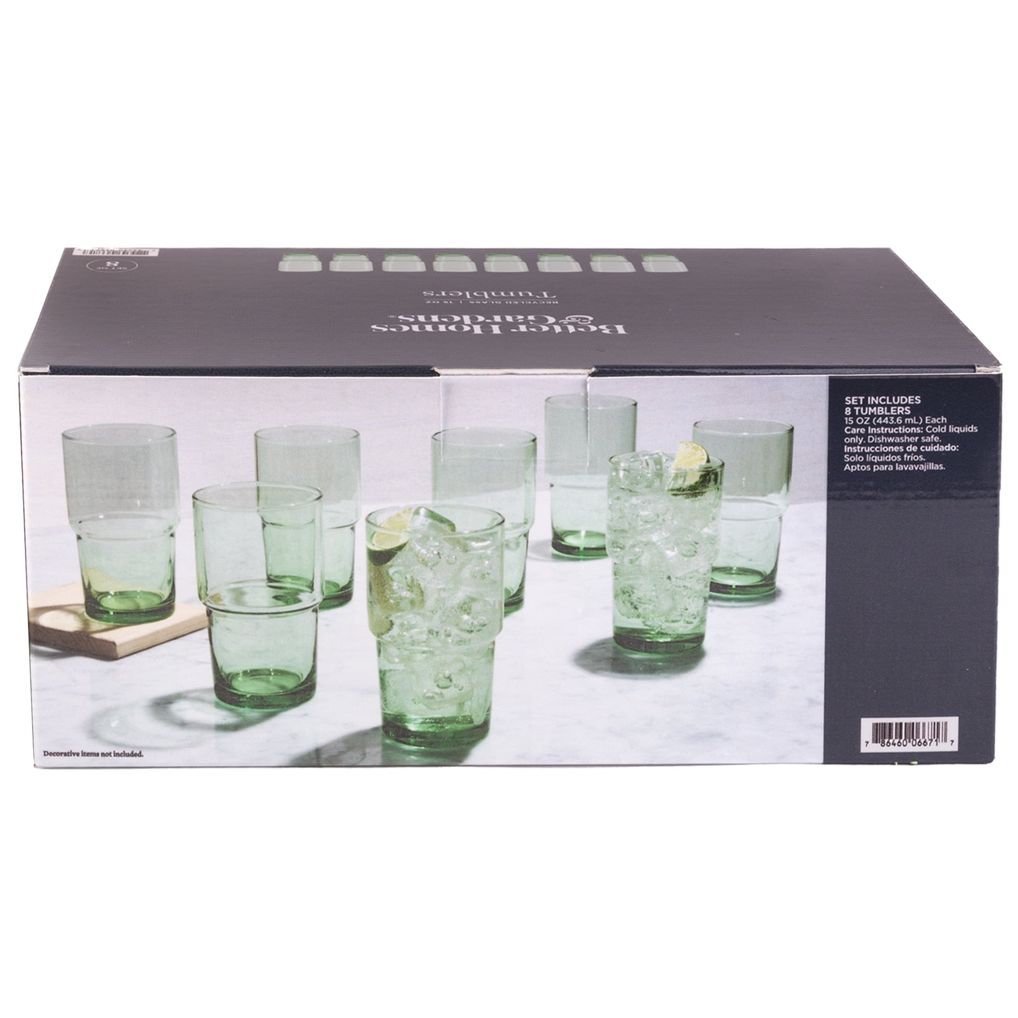 Better Homes & Gardens Clear Green Glass, Glassware, 8 Pack, 15 oz