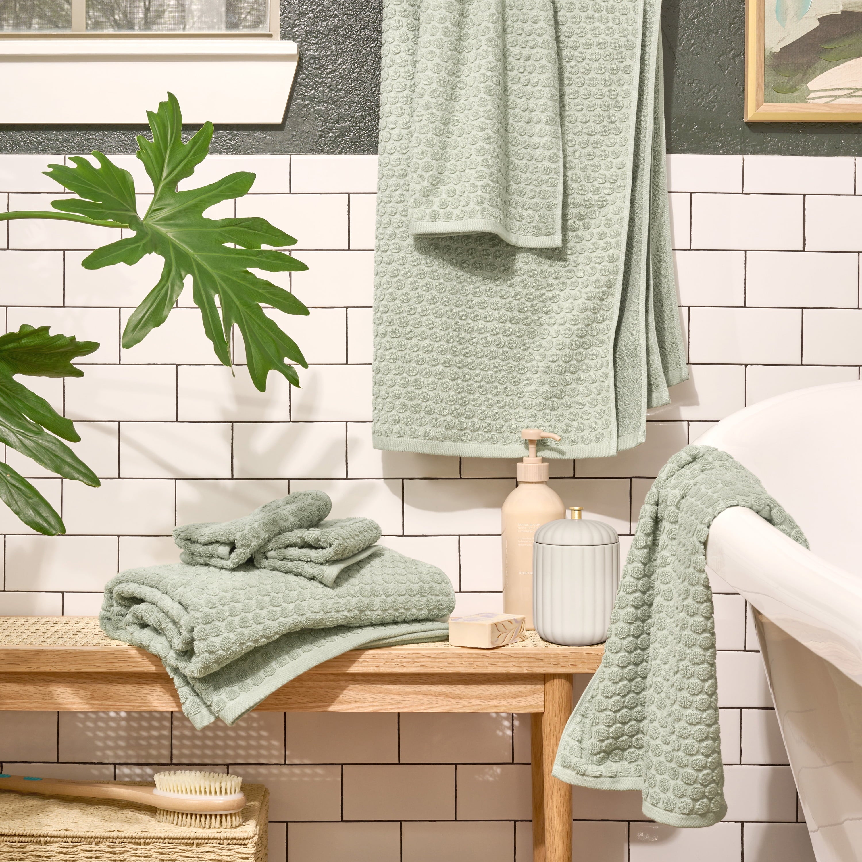 Beautiful by Drew Barrymore 6-Piece Dot Bath Towel Set, Soft 100% Cotton, Sage Green