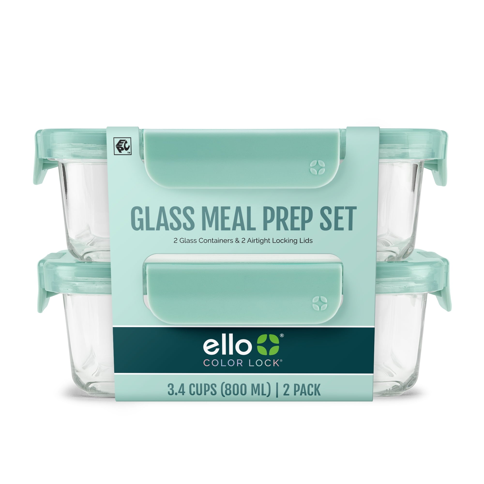 Ello Color Lock 3.4 Cup 2 Pack Glass Meal Prep Containers with Locking Lids