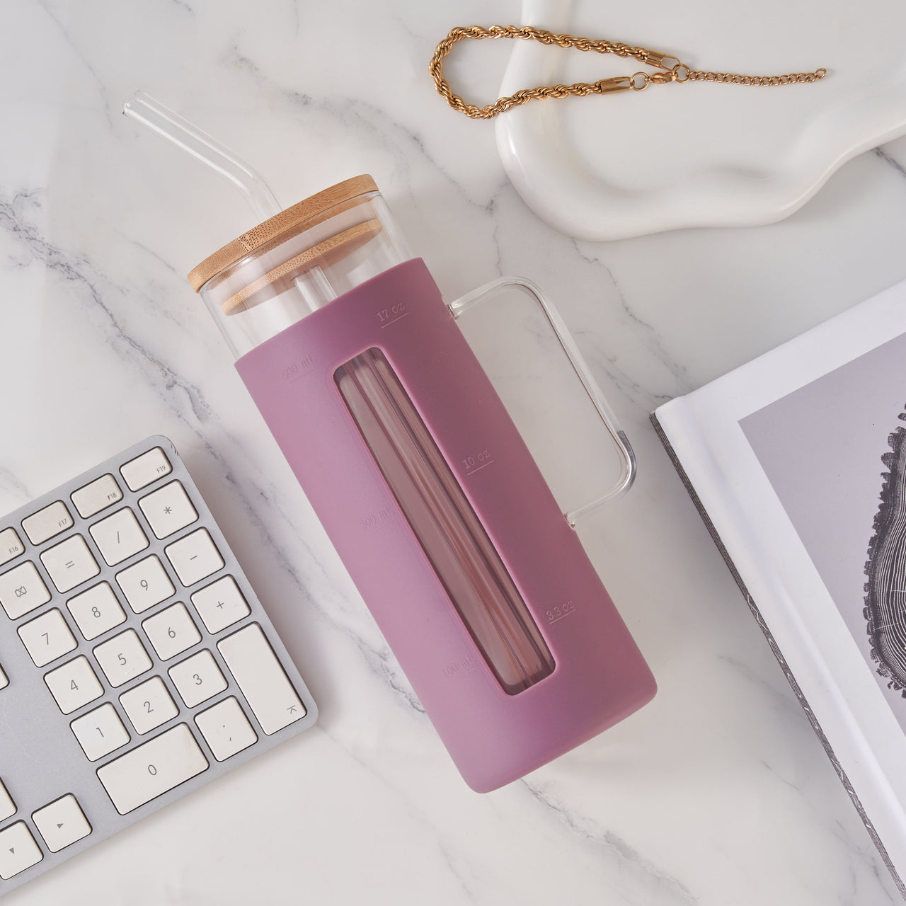 Mainstays Glass 22oz Tumbler with Purple Protective Silicone Sleeve, Bamboo lid, Glass Straw