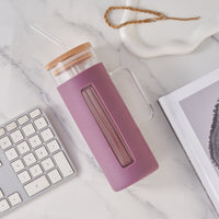 Mainstays Glass 22oz Tumbler with Purple Protective Silicone Sleeve, Bamboo lid, Glass Straw