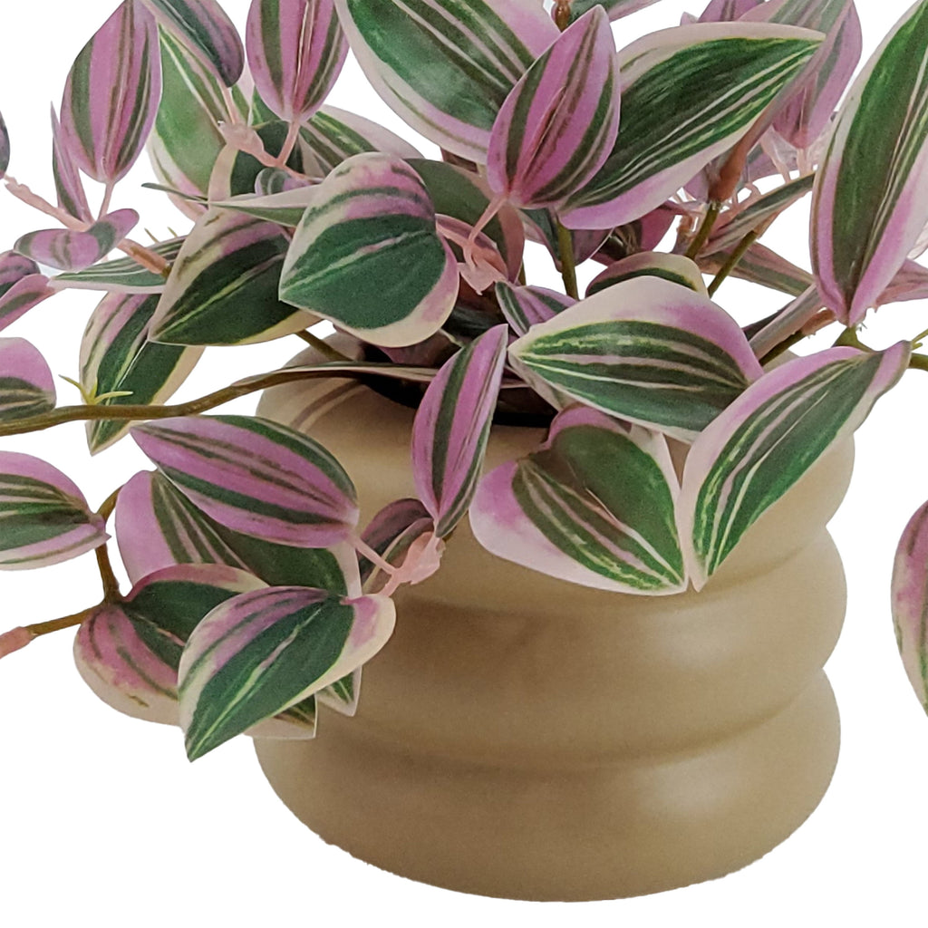 Mainstays Indoor Artificial Variegated Zebrina, 9.5-Inch, Pink and Green Leaves, Tan Bubble Vase