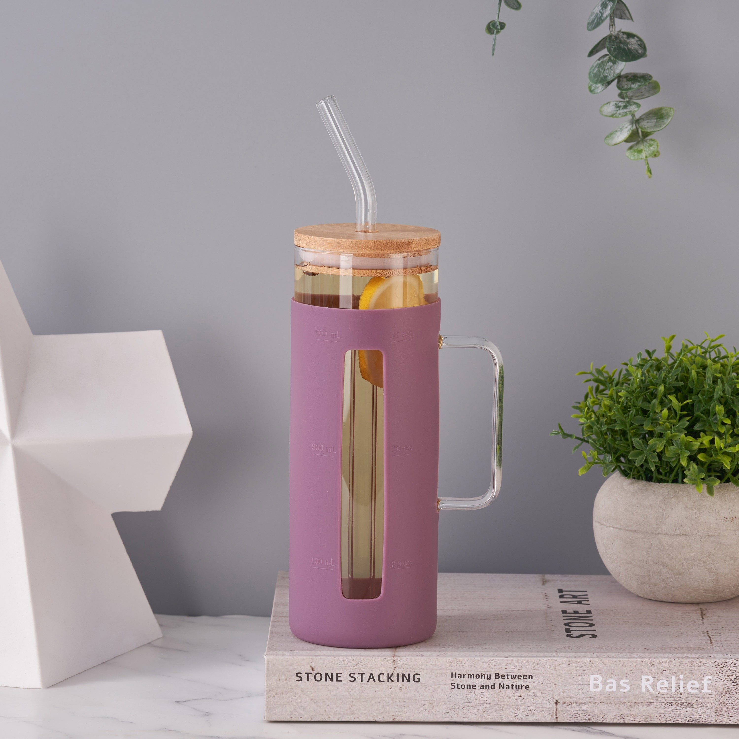 Mainstays Glass 22oz Tumbler with Purple Protective Silicone Sleeve, Bamboo lid, Glass Straw