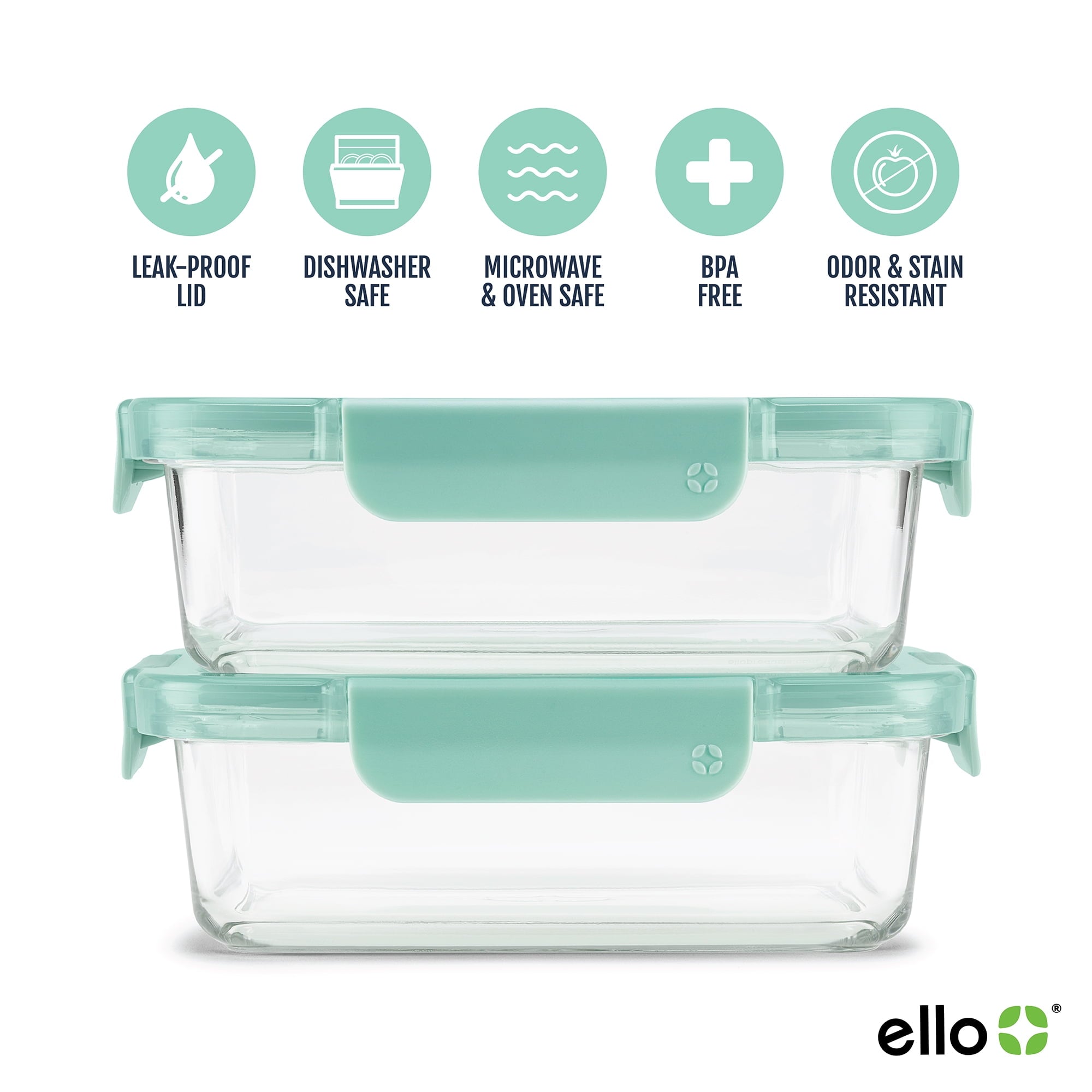 Ello Color Lock 3.4 Cup 2 Pack Glass Meal Prep Containers with Locking Lids