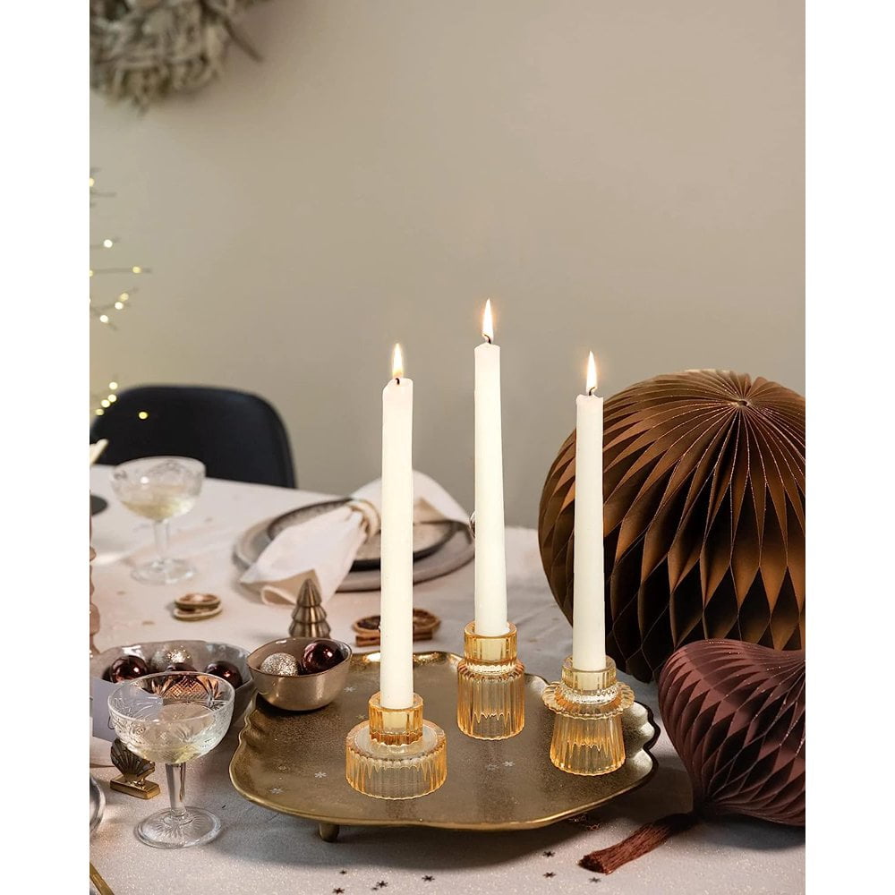 HofferRuffer Set of 3 Taper Glass Candle Holders, Tealight Candlestick Holders for Table Centerpieces, Festival, Wedding Decor and Dinner Party (Yellow)
