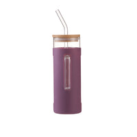 Mainstays Glass 22oz Tumbler with Purple Protective Silicone Sleeve, Bamboo lid, Glass Straw