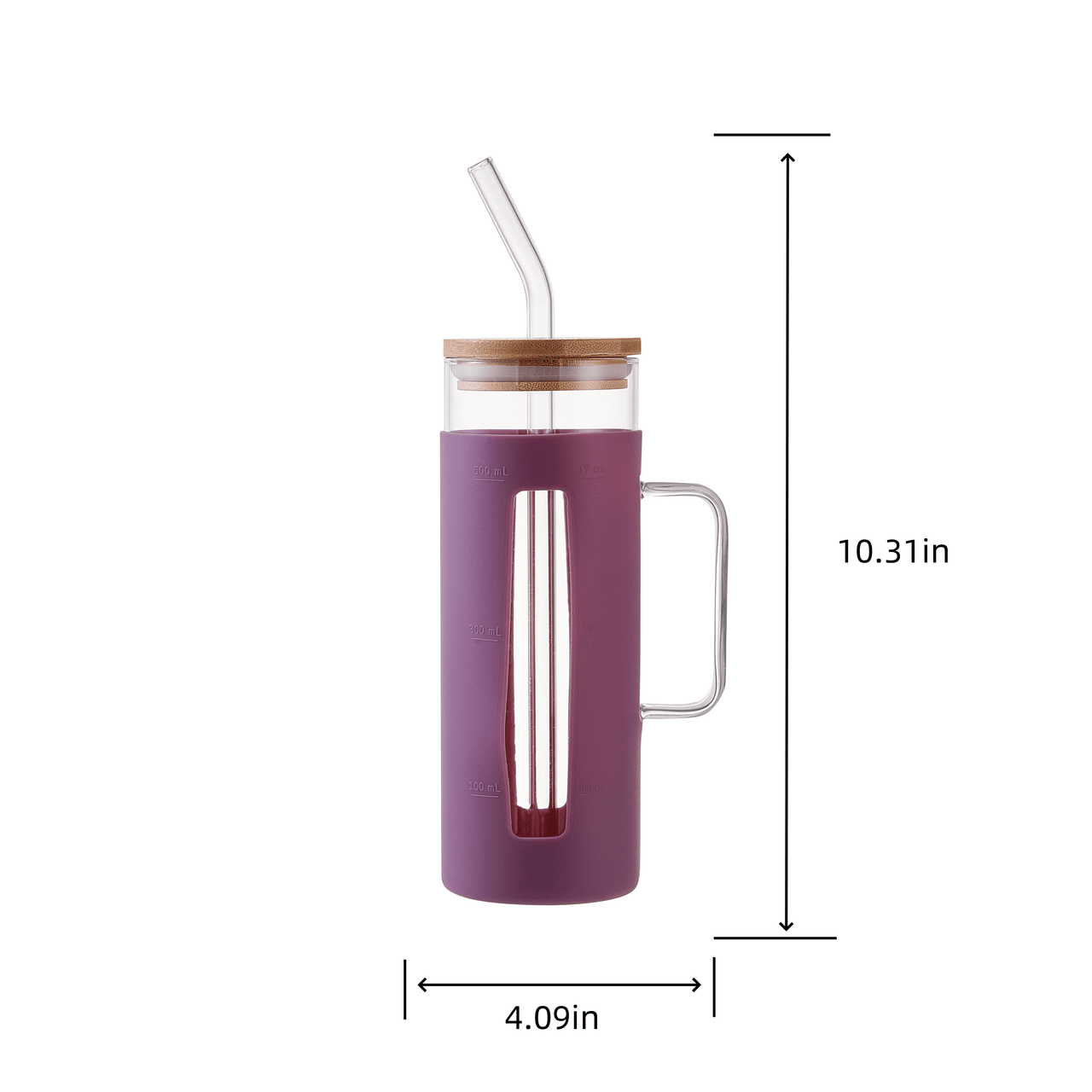 Mainstays Glass 22oz Tumbler with Purple Protective Silicone Sleeve, Bamboo lid, Glass Straw
