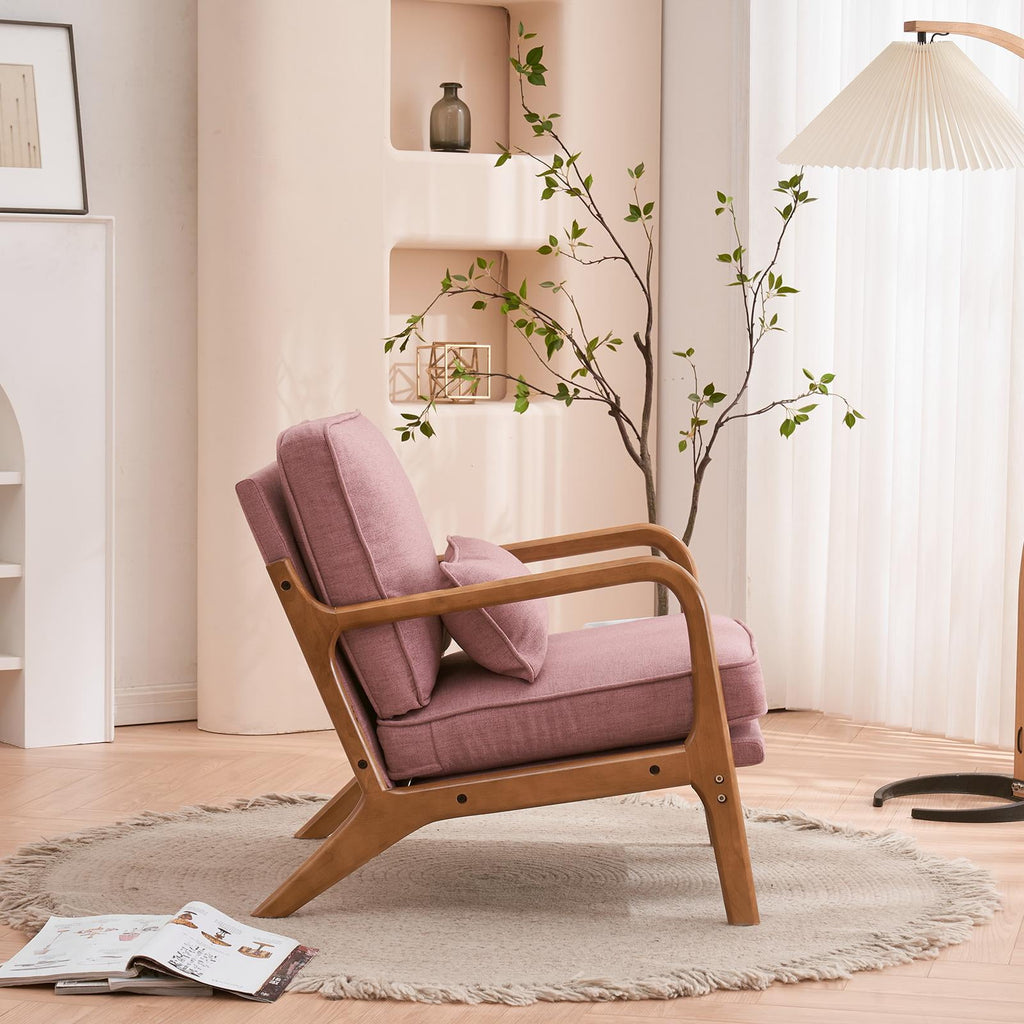 UBesGoo Modern Arm Chair Linen Fabric Upholstered Comfy Reading Accent Chair with Solid Wood Frame Pink