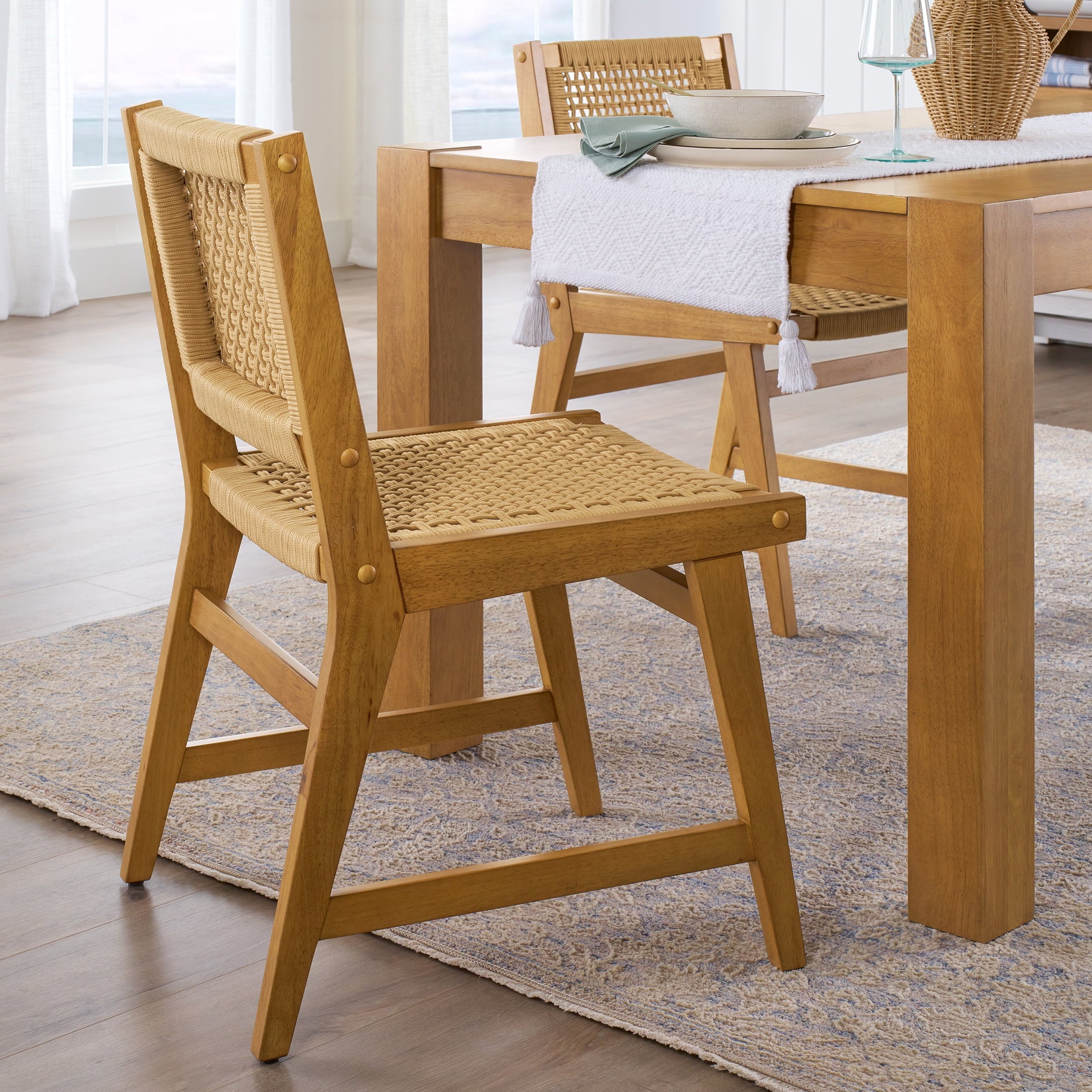 Better Homes & Gardens Vista Woven Coastal Dining Chairs 2 Pack, Light Honey Finish