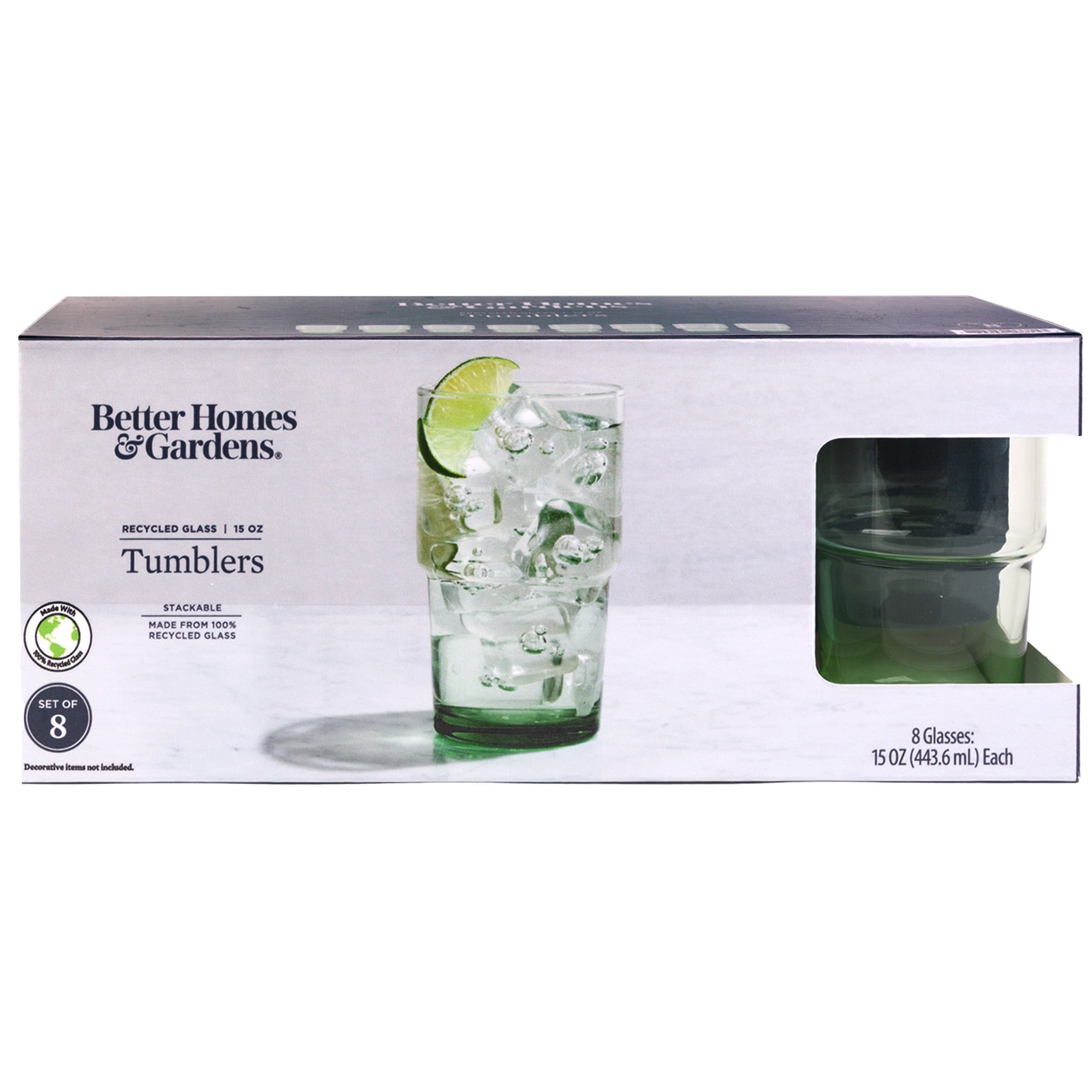 Better Homes & Gardens Clear Green Glass, Glassware, 8 Pack, 15 oz