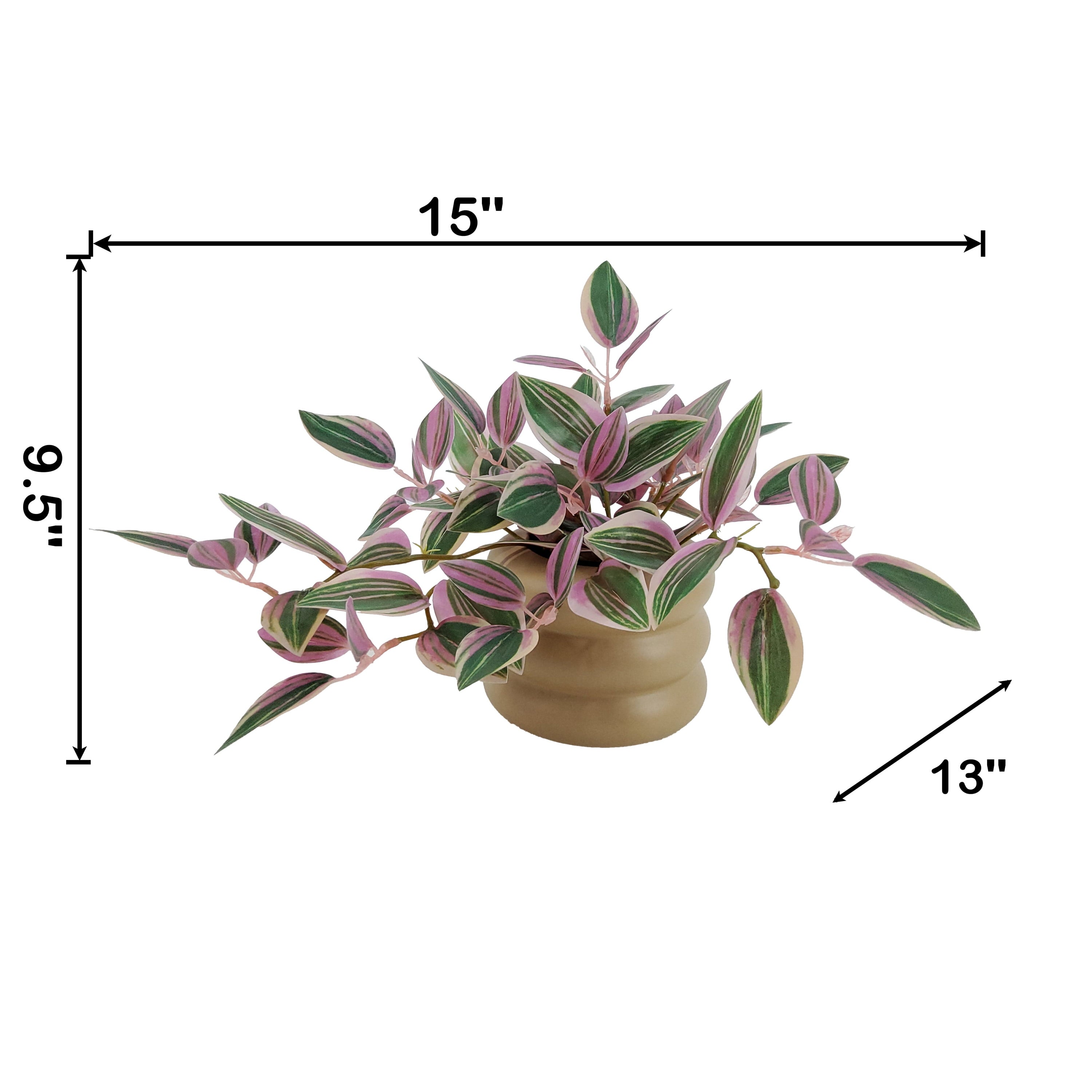 Mainstays Indoor Artificial Variegated Zebrina, 9.5-Inch, Pink and Green Leaves, Tan Bubble Vase