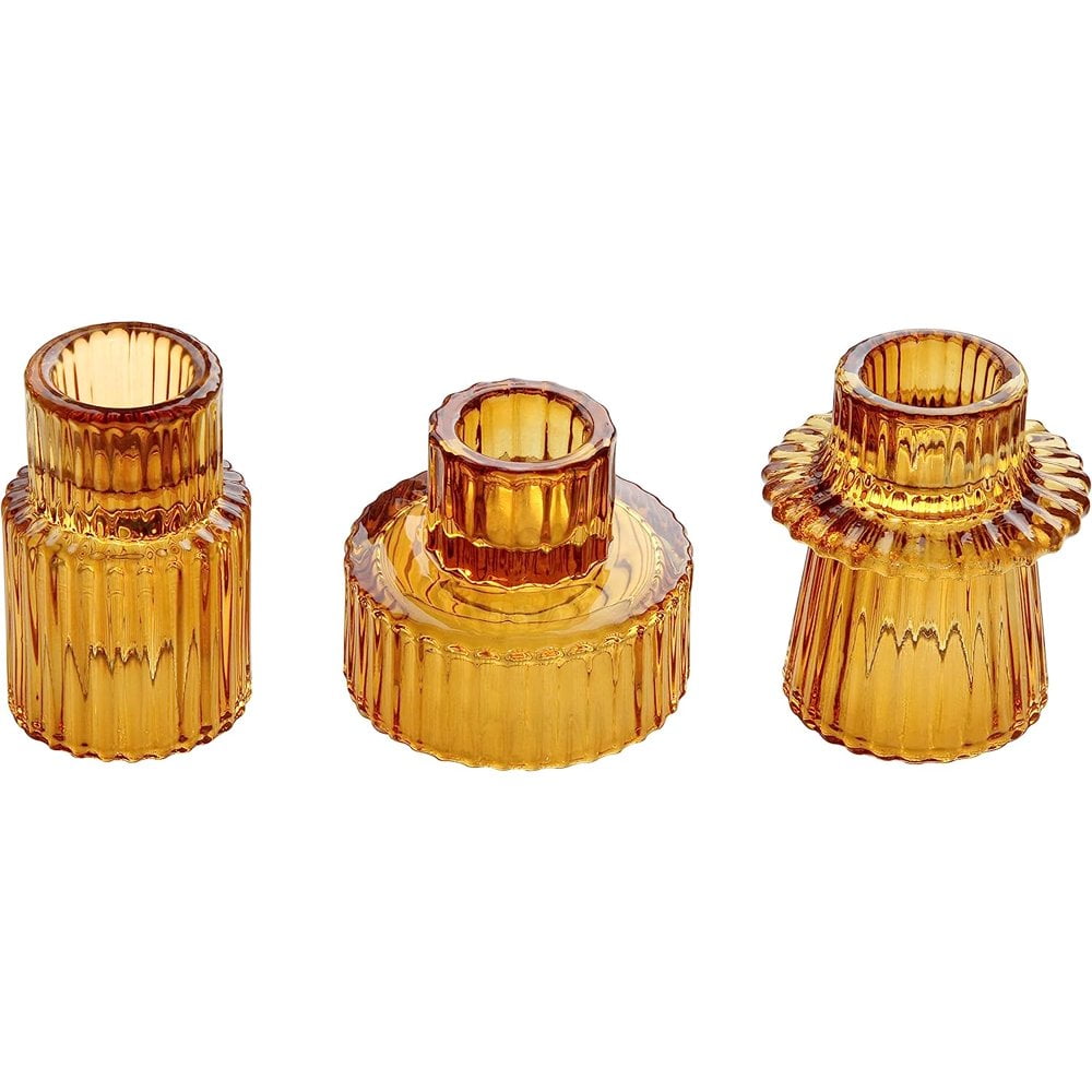 HofferRuffer Set of 3 Taper Glass Candle Holders, Tealight Candlestick Holders for Table Centerpieces, Festival, Wedding Decor and Dinner Party (Yellow)