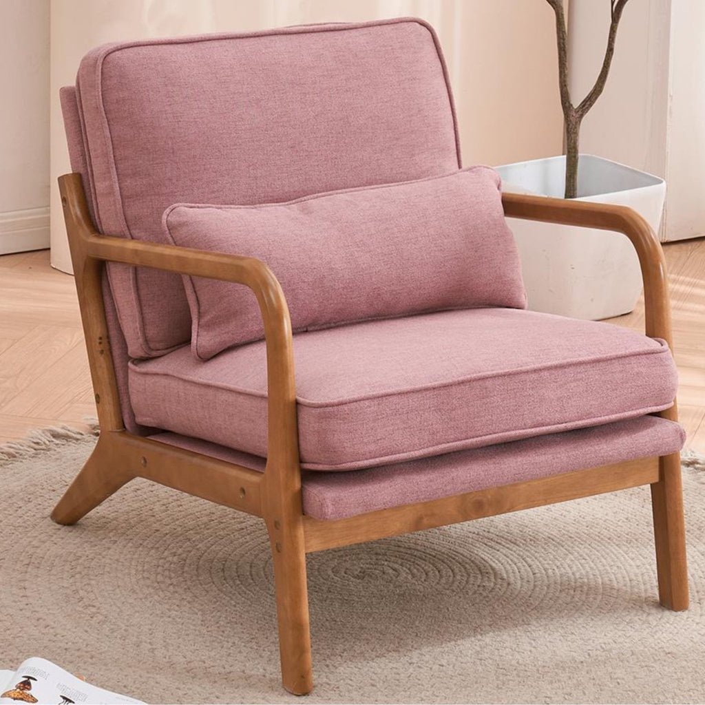 UBesGoo Modern Arm Chair Linen Fabric Upholstered Comfy Reading Accent Chair with Solid Wood Frame Pink