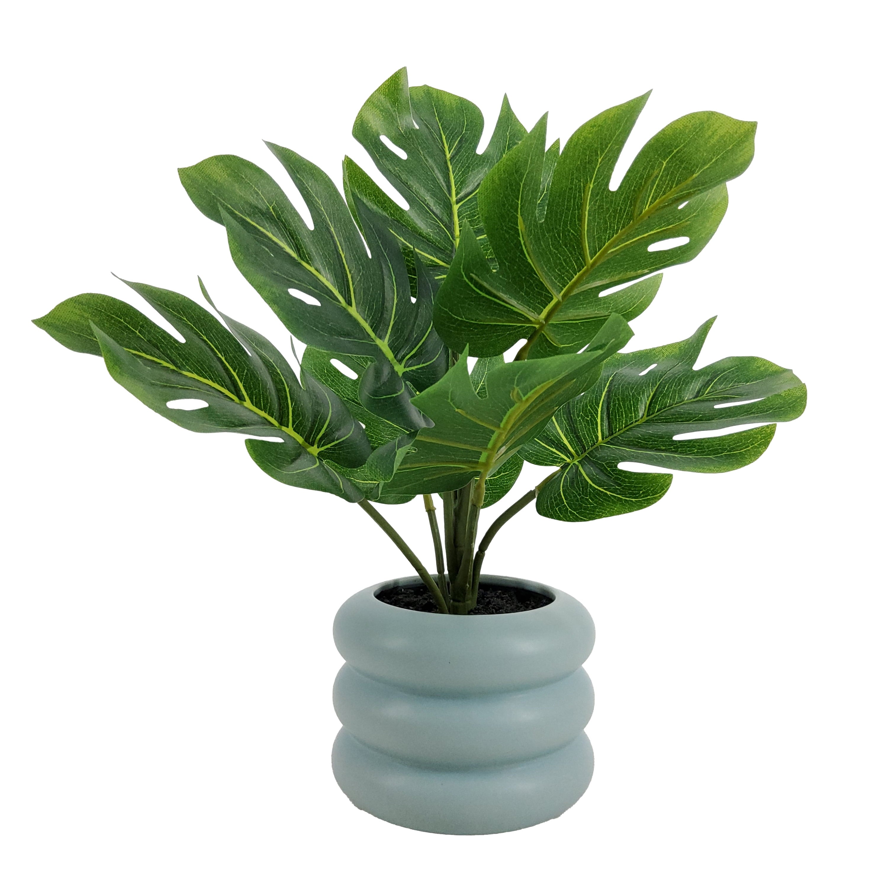 Mainstays 13.5'' Indoor Artificial Monstera with Bubble Vase, Blue Ceramic Vase, Green Monstera