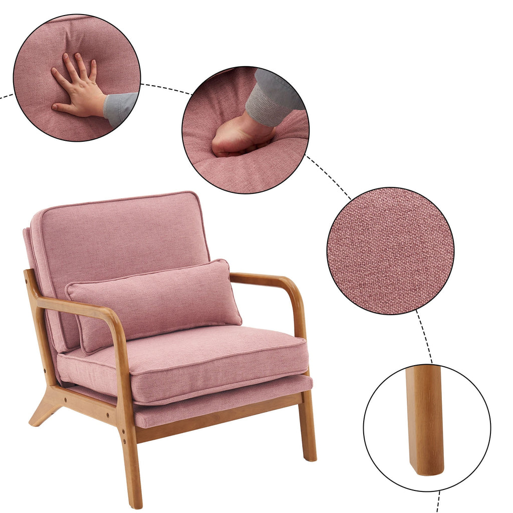 UBesGoo Modern Arm Chair Linen Fabric Upholstered Comfy Reading Accent Chair with Solid Wood Frame Pink