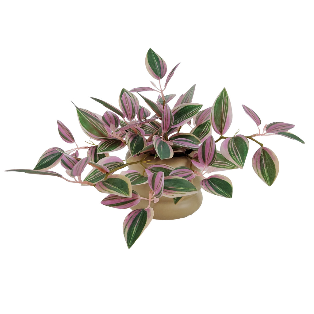 Mainstays Indoor Artificial Variegated Zebrina, 9.5-Inch, Pink and Green Leaves, Tan Bubble Vase