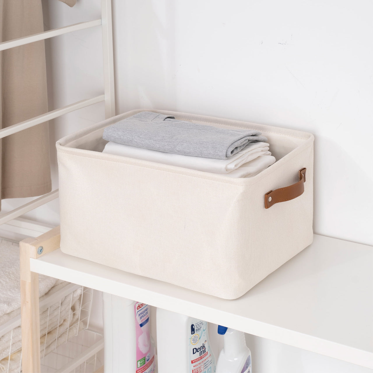 Mainstays Natural Canvas Fabric Decorative Storage Basket with Handles, 15 in x 8 in x 11 in