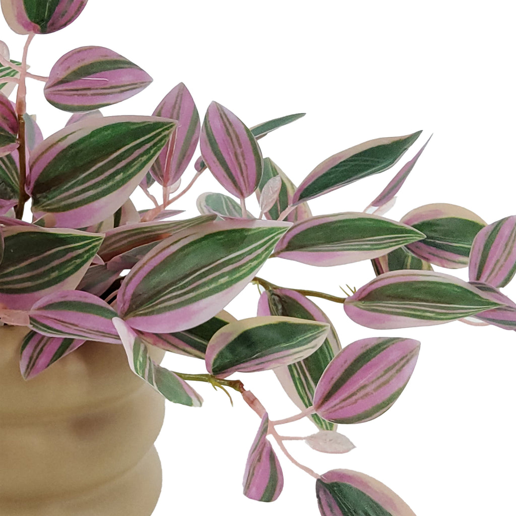 Mainstays Indoor Artificial Variegated Zebrina, 9.5-Inch, Pink and Green Leaves, Tan Bubble Vase