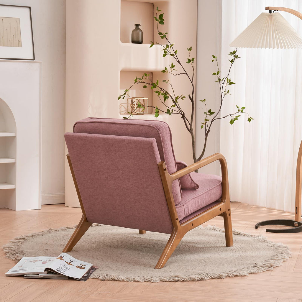 UBesGoo Modern Arm Chair Linen Fabric Upholstered Comfy Reading Accent Chair with Solid Wood Frame Pink