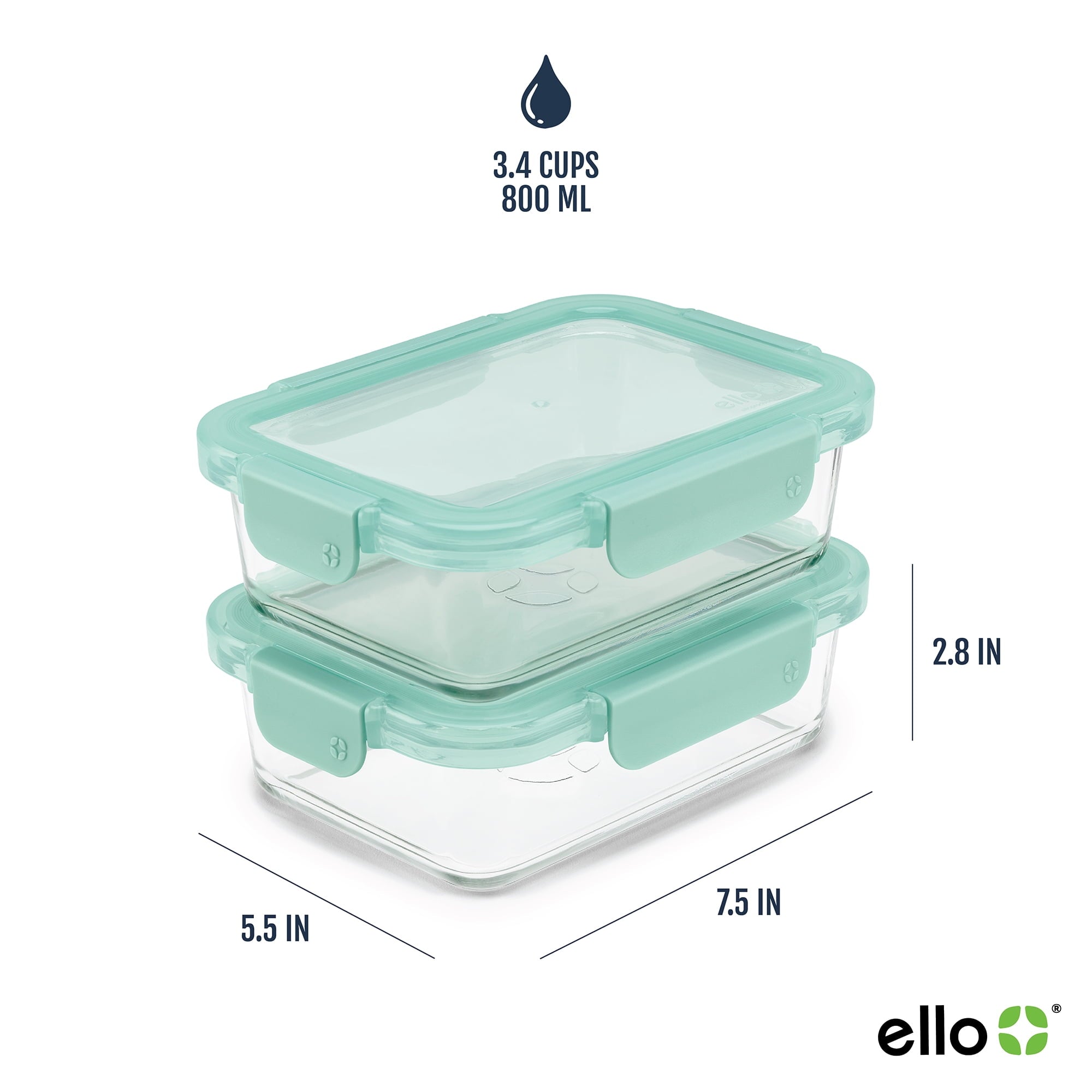 Ello Color Lock 3.4 Cup 2 Pack Glass Meal Prep Containers with Locking Lids