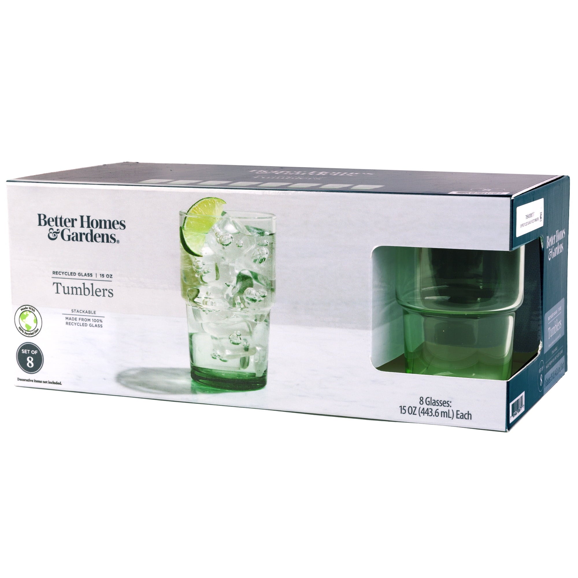 Better Homes & Gardens Clear Green Glass, Glassware, 8 Pack, 15 oz